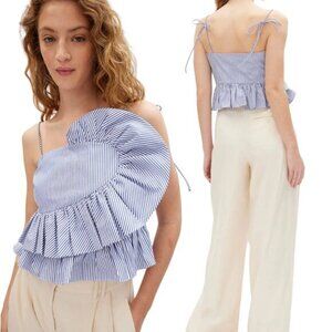 NEW Tanya Taylor Self Tie Spaghetti Straps Ruffle Claudette Top Blue Size:2